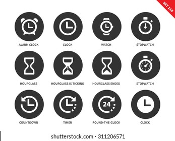 Time vector icons set. Icons for commerce shops. Different tine accessories, alarm clock, clock, watch, stopwatch, hourglass, timer. Isolated on white background