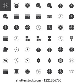 Time vector icons set, modern solid symbol collection, filled style pictogram pack. Signs, logo illustration. Set includes icons as 24 hours timer, alarm clock, calendar,  hourglass, stopwatch