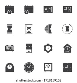 Time vector icons set, modern solid symbol collection, filled style pictogram pack. Signs, logo illustration. Set includes icons as calendar reminder, hourglass, clockwise arrow, alarm clock, watch