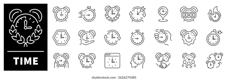 Time vector icons. Set of thin line icons related to time. Timer, alarm, stopwatch, hourglass, time icons