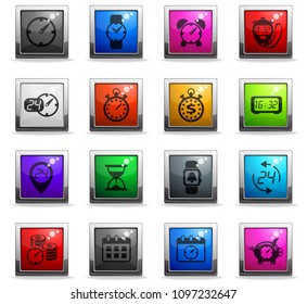time vector icons in square colored buttons for web and user interface design