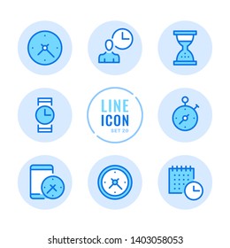 Time vector line icons set. Clock, watch, timer, calendar, stopwatch outline symbols. Modern simple stroke graphic elements. Round icons