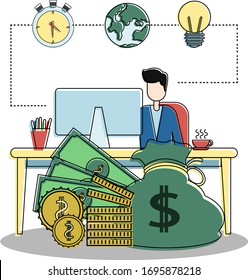 Time vector portrait concept with male figure wearing a suit while typing on his desktop behind pile of cash below stopwatch, earth, and bulb icons; isolated in white background