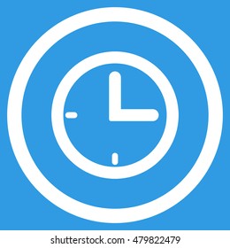 Time vector rounded icon. Image style is a flat icon symbol inside a circle, white color, blue background.