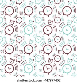 Time vector seamless background. Endless pattern with alarm clocks