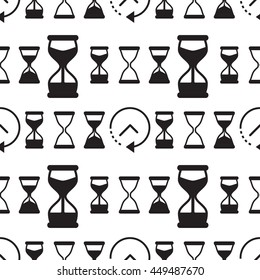 Time vector seamless background. Endless pattern with hourglasses and clocks.