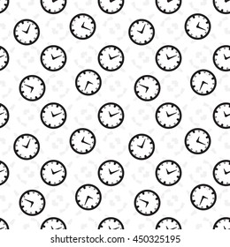 Time vector seamless background. Endless pattern with clocks.