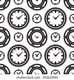 Time vector seamless background. Endless pattern with clocks.