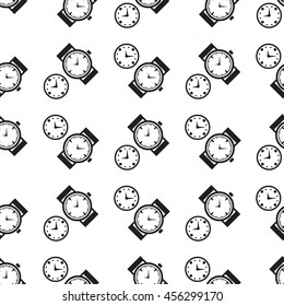 Time vector seamless background. Endless pattern with watches and clocks.
