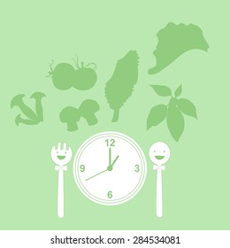 Time for vegetables concept. clean food. Cartoon Breakfast. Happiness Morning. vector illustration