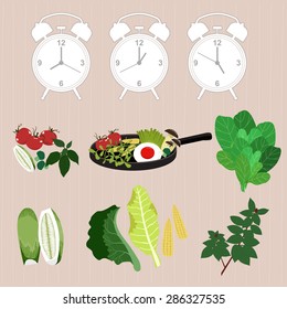 Time for vegetables concept. clean food. Cartoon Breakfast. Happiness Morning. vector illustration