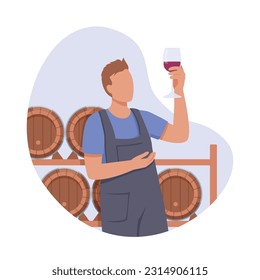 Es hora de vinificación. El carácter masculino, con una copa de vino tinto, evalúa su calidad. Inspección del producto. Control de calidad de las bebidas alcohólicas. Hombre en bodega vigila las existencias