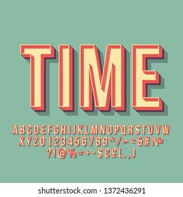 Time Vintage 3D Vektor-Schrift. Retro fette Schriftart. Pop art stilisierten Text. Briefe, Zahlen, Symbole im Stil der alten Schule. Poster, Banner, T-Shirt-Typografie-Design der 90er Jahre. Weich grüner Hintergrund