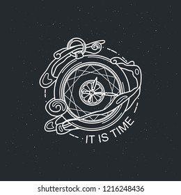 It is time. Vintage illustration of thin line clock timer icon. Vector graphic design logo, print, label, badge, sticker, emblem, sign, identity.