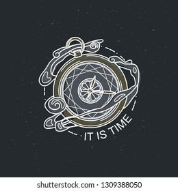 It is time. Vintage illustration of thin line clock timer icon. Vector graphic design logo, print, label, badge, sticker, emblem, sign, identity.