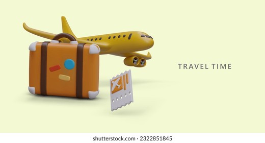 Time to visit other countries. Advertising of air travel around world. 3D tourist suitcase with colorful stickers, perforated ticket, plane in flight. Poster with text
