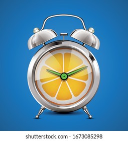 
Time for vitamins - citrus fruit as a clock - 
Vitamin C for body immunity concept