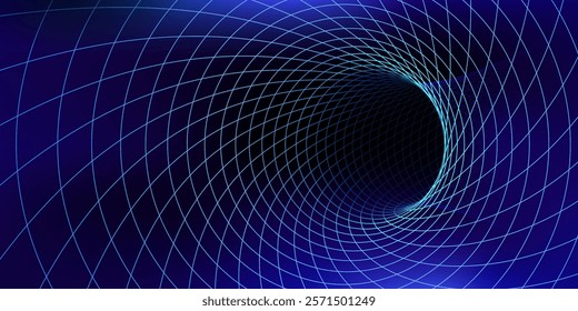 Time vortex tunnel with illuminated geometric glowing grid lines indicating a journey through time and space. Vector dynamic abstract wireframe wormhole creates a sense of infinite depth and motion