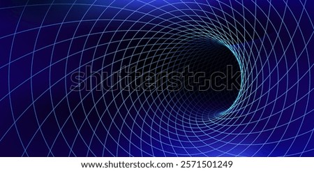Time vortex tunnel with illuminated geometric glowing grid lines indicating a journey through time and space. Vector dynamic abstract wireframe wormhole creates a sense of infinite depth and motion