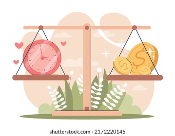 Time vs money. Comparison of free schedule with high incomes, choices and prioritization. Watches and dollars on scales. Value of time concept, metaphor of balance. Cartoon flat vector illustration