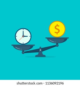 Time vs money on scales illustration. Money and time balance on scale. Weights with clock and money coin. Vector isolated concept icon.