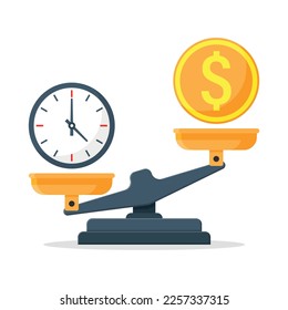 Time vs money on scales in flat style. Weight balance vector illustration on isolated background. Equilibrium comparison sign business concept.