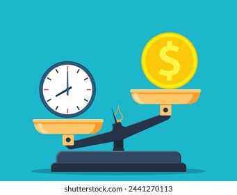 Time vs money on scales, disbalance. Time is money concept. Vector illustration in flat style.