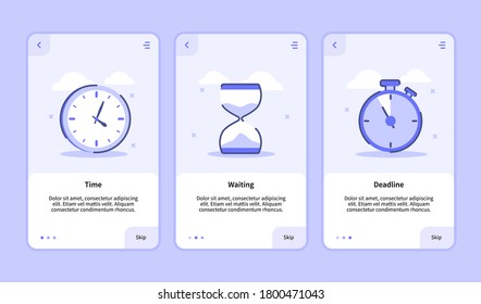 Time waiting deadline onboarding screen for mobile apps template banner page UI with three variations modern flat outline style svg