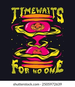 Time Waits For No One Space Thematisches Illustrationsdesign für T-Shirt Print, Poster Design, Streetwear, Tote Bag und andere