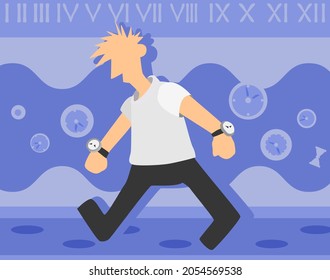 Time walking man surreal abstract cartoon color vector illustration, horizontal
