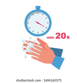 Time Wash Hands. Stopwatch With A Minimum Time Of 20 Seconds. Soap In Hand In Soap Bubbles. Vector Illustration Flat Design. Personal Hygiene. Disinfection, Skin Care. Antibacterial Washing.