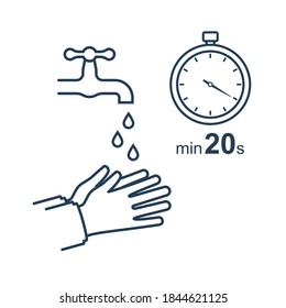 Time wash hands. Stopwatch with a minimum time of 20 seconds. Soap in hand in soap bubbles. Vector illustration flat line design. Personal hygiene. Disinfection, skin care. Antibacterial washing.