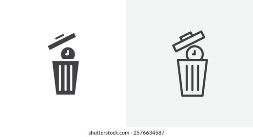 Time waste icon set in black flat solid and outlined style.
