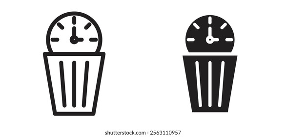 Time waste icons in black line and filled versions
