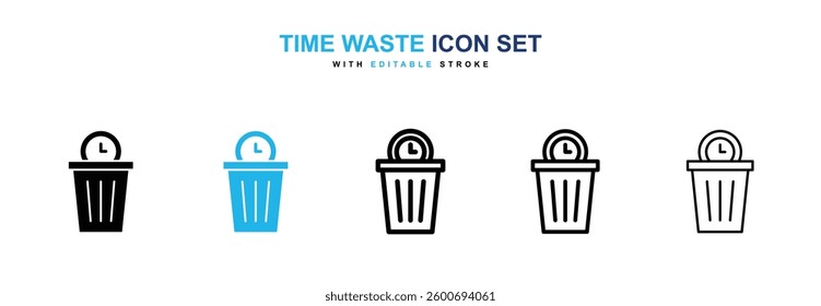Time waste icons graphics set in black and blue colors