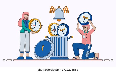 Concepto de conciencia de desperdicio de tiempo con la papelera y el reloj de notificación para una mejor programación, clasificación y gestión de la agenda diaria. El diseño se puede utilizar para el Anuncio, el Sitio web, el cartel, la página de aterrizaje, los anuncios
