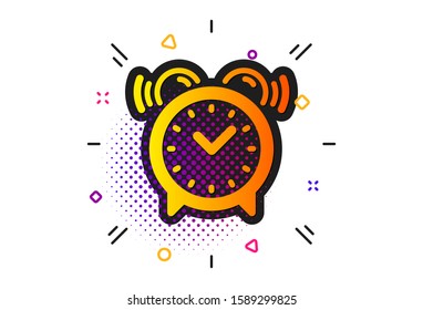 Hora o signo de reloj. Patrón de círculos de semitono. Icono de reloj despertador. Icono clásico de reloj despertador plano. Vector