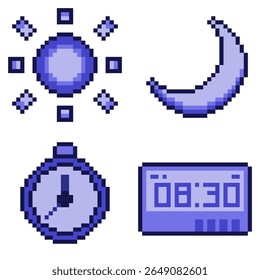 Time And Weather, Blue Pixel Art Style Icon Mini Set