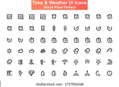 Time and weather UI icons set. Time organization and climate line pictograms for website and mobile app GUI. Weather forecast simple UI, UX elements. 24x24 grid pixel perfect vector lined icon pack.