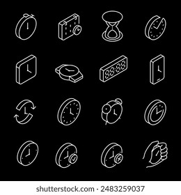 Time, white line icons. Electronic and mechanical clocks in various shapes. Essential for scheduling and time management themes. isometric symbols on black background. Editable stroke.