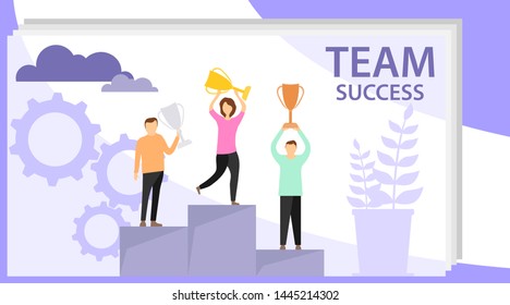 Time to win. Mini people stand on the victory pedestal and hold trophies. Flat winner concept vector illustration.