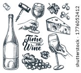 Time for wine vector hand drawn sketch illustration. Human hand holding wine glass. Bottle, cheese, grape vine, cork, corkscrew, isolated on white background. Doodle vintage design elements set