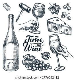 Time for wine vector hand drawn sketch illustration. Human hand holding wine glass. Bottle, cheese, grape vine, cork, corkscrew, isolated on white background. Doodle vintage design elements set
