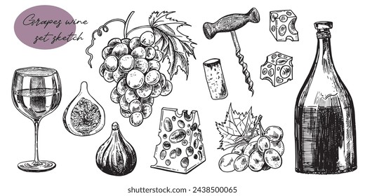 Time for wine vector hand drawn sketch illustration. Human hand holding wine glass. Bottle, cheese, grape vine, cork, corkscrew, isolated on white background. Doodle vintage design elements set