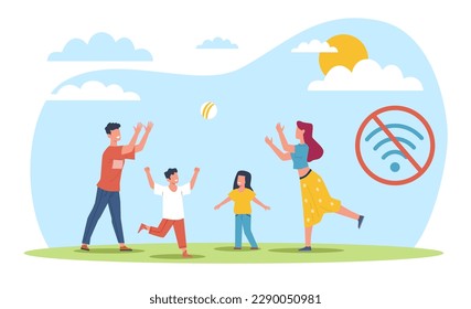 Time without digital devices, family spends time playing ball in nature. Digital detox, parenthood and relationships. Offline time. Wifi sign. Cartoon flat style isolated vector concept