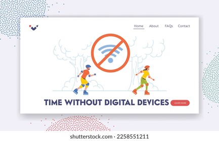 Time without Digital Devices Landing Page Template. Young Characters Rollerblading in Park. Active Recreation in Nature, Activity. Territory Free from Use of Wi-Fi. Cartoon People Vector Illustration