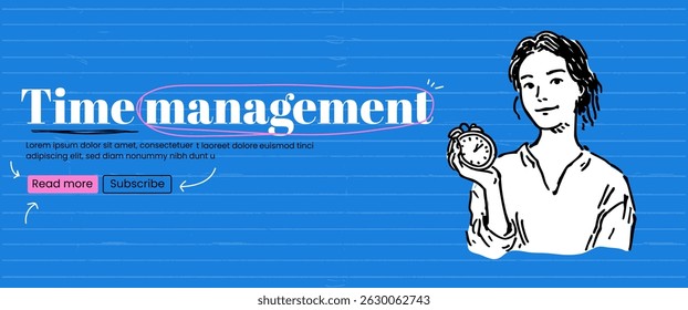 Time woman management sketch scribble banner ink quirky trendy handdrawn. Office clock, planning, and productivity concept in vector style.