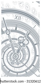 Time in Wonderland. Watch and spiral. Vector illustration.