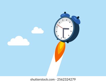 Time to work. Alarm clock rocket flying high. 24-7 support service,  working hours. Modern flat style vector illustration