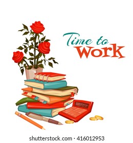 Time to work banner with accountant things. Vector illustration.